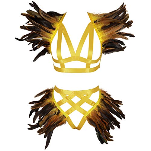 Frauen Feder Körper Geschirr Schulterklappen Flügel BH Punk Gothic Weihnachten Bein Strumpfband Fotografie Kleidung Zubehör von BBOHSS