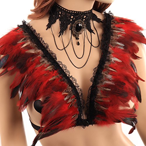 Frauen Unterwäsche Feder Körper Klammer BH mit elastischen verstellbaren Tops BH Punk Gothic Party Dance Cosplay Kostüm (rot A) von BBOHSS