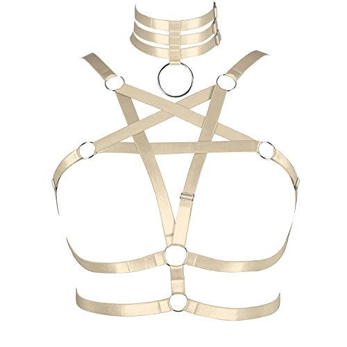 Plus Size Body Harness Pentagram BH Hohl Damen Cupless Punk Gothic Karneval Weihnachten Mode Tanzkostüm (Hellgelb) von BBOHSS