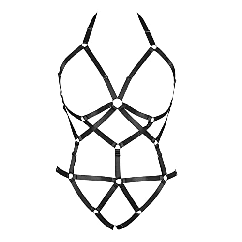 Plus Size Damen Body Harness BH Set Hohl Neckholder BH Strumpfgürtel Gothic Karneval Weihnachten Punk Fashion Dance Kostüm (Schwarz) von BBOHSS