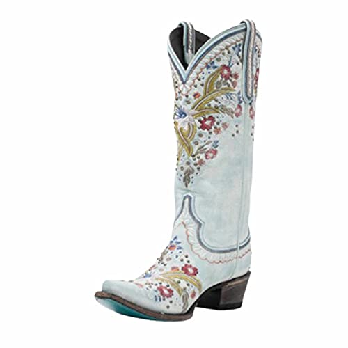 BBOOY Damen Westernstiefel mit Blumenstickerei, Klassisch spitzer Zeh Westernreitstiefel, Pelzfutter Winter Slip-on Cowboystiefel,A,43 von BBOOY