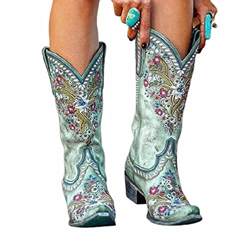 BBOOY Damen Westernstiefel mit Blumenstickerei, Klassisch spitzer Zeh Westernreitstiefel, Pelzfutter Winter Slip-on Cowboystiefel,B,43 BBOOY Damen Westernstiefel mit Blumenstickerei, Klassisch spitzer Zeh Westernreitstiefel, Pelzfutter Winter Slip-on Cowboystiefel,B,43 von BBOOY