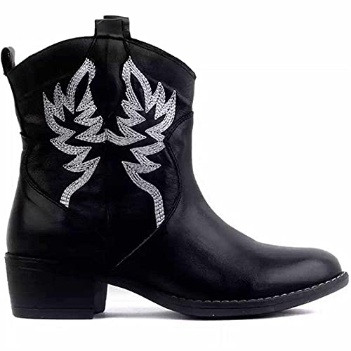 BBOOY Damen bestickte Cowboy-Kurze Stiefeletten, Klassische künstliche Pu-Westernstiefel mit hohen Absätzen, rutschfeste Winter-Spitze-Fußgewölbe-Unterstützung Wanderstiefeletten Walking,Schwarz,39 von BBOOY