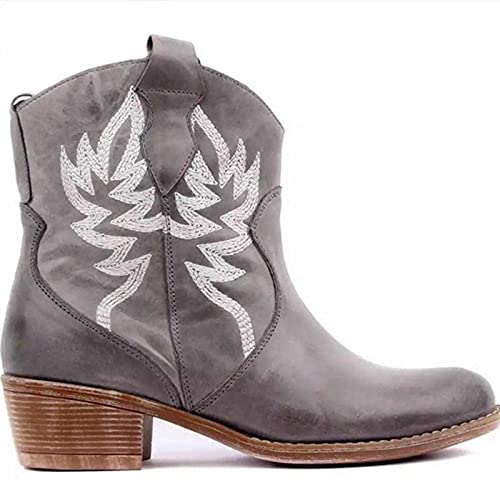 BBOOY Damen bestickte Cowboy-Kurze Stiefeletten, Klassische künstliche Pu-Westernstiefel mit hohen Absätzen, rutschfeste Winter-Spitze-Fußgewölbe-Unterstützung Wanderstiefeletten Walking,Grau,38 von BBOOY