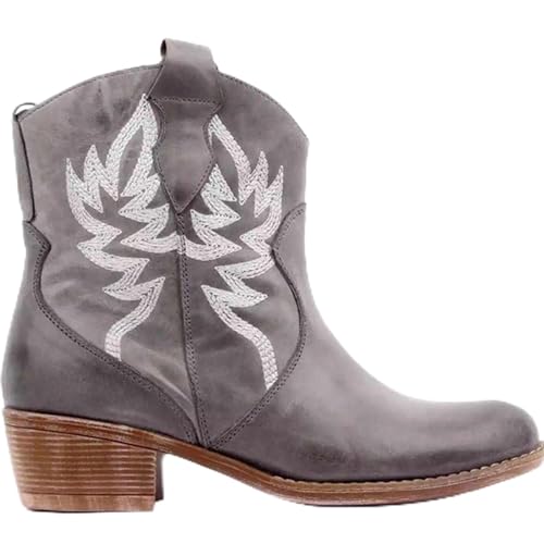 BBOOY Damen bestickte Cowboy-Kurze Stiefeletten, Klassische künstliche Pu-Westernstiefel mit hohen Absätzen, rutschfeste Winter-Spitze-Fußgewölbe-Unterstützung Wanderstiefeletten Walking,Grau,39 von BBOOY