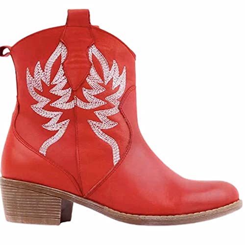 BBOOY Damen bestickte Cowboy-Kurze Stiefeletten, Klassische künstliche Pu-Westernstiefel mit hohen Absätzen, rutschfeste Winter-Spitze-Fußgewölbe-Unterstützung Wanderstiefeletten Walking,Rot,38 von BBOOY