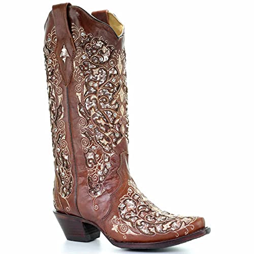 BBOOY Western-Cowboystiefel mit weiten Waden, modische Spitze Zehe mit klobigem Absatz, Strass-Stiefel mit halber Wade, Winter-Slip-on-Westernstiefel mit bestickter Spitze,Braun,38 von BBOOY