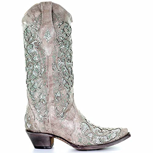 BBOOY Western-Cowboystiefel mit weiten Waden, modische Spitze Zehe mit klobigem Absatz, Strass-Stiefel mit halber Wade, Winter-Slip-on-Westernstiefel mit bestickter Spitze,Light Green,37 von BBOOY