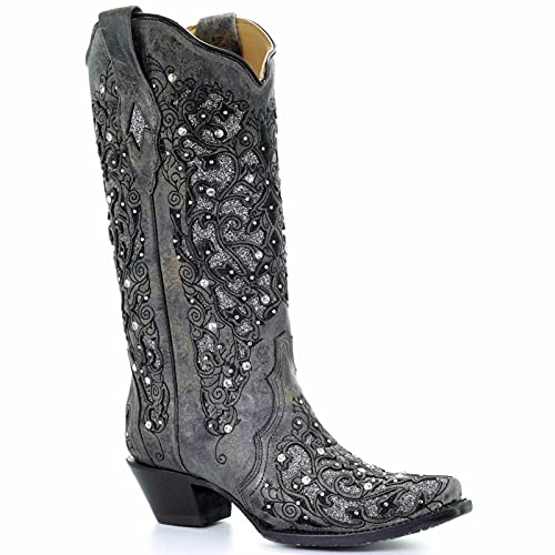 BBOOY Western-Cowboystiefel mit weiten Waden, modische Spitze Zehe mit klobigem Absatz, Strass-Stiefel mit halber Wade, Winter-Slip-on-Westernstiefel mit bestickter Spitze,Schwarz,37 von BBOOY