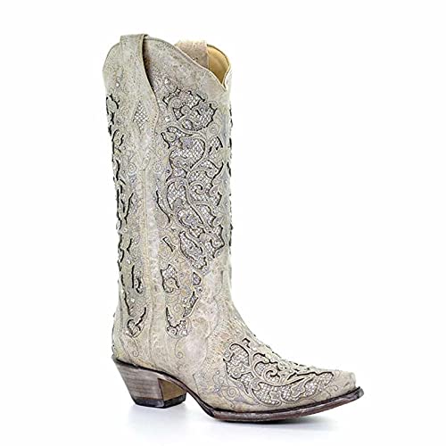 BBOOY Western-Cowboystiefel mit weiten Waden, modische Spitze Zehe mit klobigem Absatz, Strass-Stiefel mit halber Wade, Winter-Slip-on-Westernstiefel mit bestickter Spitze,Weiß,35 von BBOOY