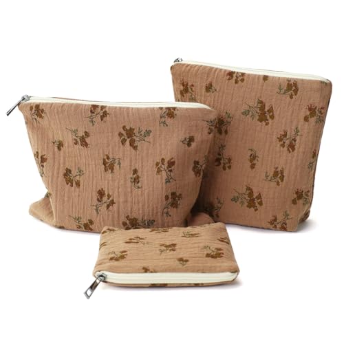 BBORGDC 3-teiliges Reise-Make-up-Taschen-Set mit Reißverschluss, brauner Baumwollblumen-Druck, Kosmetik-Organizer, kompaktes Boho-Design für Damen zum Spazierengehen / Verschenken, DustyRose/Baumwolle von BBORGDC
