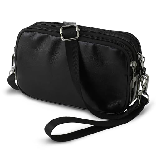 BBORGDC Clutch-Geldbörsen für Damen, klein, schwarzes veganes Leder, RFID-Handgelenk-Geldbörse mit 3 Reißverschlüssen, wandelbare Umhängetasche/Handheld, ideales Geschenk für Mädchen, Boho-Stil von BBORGDC