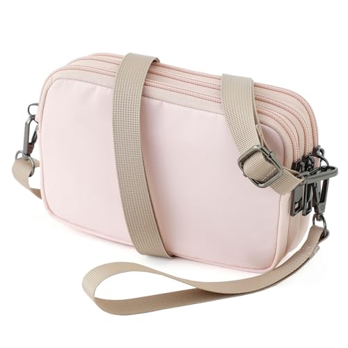 BBORGDC Crossbody-Taschen für Damen, klein, Nylon, Blush Pink, RFID-Geldbörse mit 3 Reißverschlüssen, Handy-Geldbörsen mit Riemen, Boho-Original-Design, für den täglichen Gebrauch, Geschenk von BBORGDC