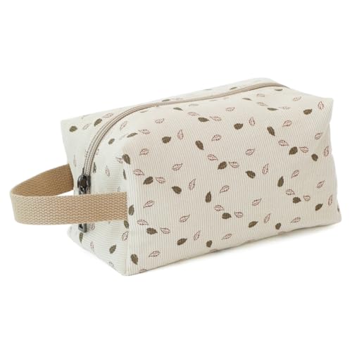 BBORGDC Damen Kosmetiktasche aus Cord – kompakter Reise-Organizer mit Reißverschluss, Baumwoll-Make-up-Tasche für wichtige Dinge, tragbare Kulturtasche für Mädchen, Weißes Cord-Blätter/Baumwolle von BBORGDC
