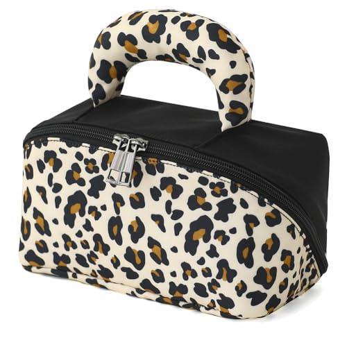 BBORGDC Große Kosmetiktasche mit Griff, offene flache Make-up-Organizer-Tasche, Leopardenmuster, wasserabweisend, originelles Design, Boho-Stil, Reise-Make-up-Tasche für Damen und Mädchen, perfekt für von BBORGDC
