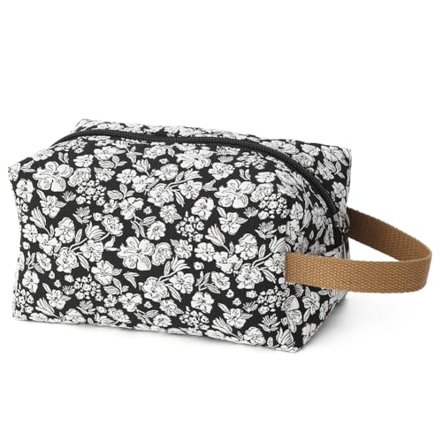 BBORGDC Jacquard-Reise-Make-up-Tasche – kleine Kosmetiktasche mit Reißverschluss für Damen und Mädchen, Kulturbeutel und Make-up-Organizer für unterwegs, Weiße Blumen / Jacquard, Modisch, leger von BBORGDC