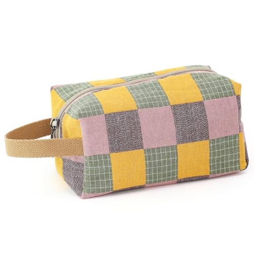 BBORGDC Karierte lange stapelige Baumwoll-Make-up-Tasche – kleine Kosmetiktasche mit Reißverschluss für Damen und Mädchen, Kulturbeutel und Make-up-Organizer für unterwegs, Karierte/langstapelige von BBORGDC