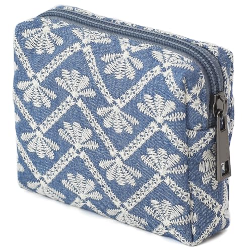 BBORGDC Niedliche Make-up-Tasche – tragbare Kosmetiktasche für Damen, Blaue Denim-Stickerei/Baumwolle, Modisch, leger von BBORGDC