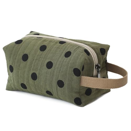 BBORGDC Reise-Make-up-Tasche aus Baumwolle mit Punktemuster, kleine Kosmetiktasche mit Reißverschluss für Damen und Mädchen, Kulturbeutel und Make-up-Organizer für unterwegs, Dunkelgrün, von BBORGDC