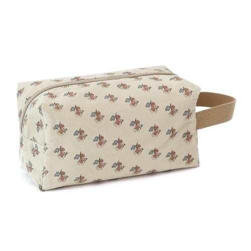 BBORGDC Reise-Make-up-Tasche aus Baumwolle mit kleinem Blumenmuster – kleine Kosmetiktasche mit Reißverschluss für Damen und Mädchen, Kulturbeutel und Make-up-Organizer für unterwegs, BeigeCordblumen von BBORGDC