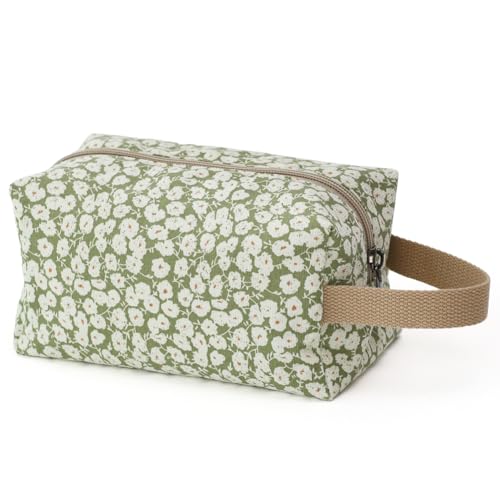 BBORGDC Reise-Make-up-Tasche aus Baumwolle mit kleinem Blumenmuster – kleine Kosmetiktasche mit Reißverschluss für Damen und Mädchen, Kulturbeutel und Make-up-Organizer für unterwegs, Weiße Blumen / von BBORGDC