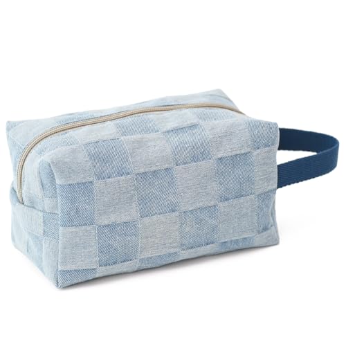 BBORGDC Reise-Make-up-Tasche aus Denim, kariert, kleine Kosmetiktasche mit Reißverschluss für Damen und Mädchen, Kulturbeutel und Make-up-Organizer für unterwegs, Hellblau/Denim, Modisch, leger von BBORGDC