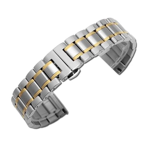BBPLWEEA YingYou 12 14 16 18 19 20 21 22 24 Mm Volledelstahlarmband, Flacher Kopf, Ellenbogen, Mehrzweck-Metalluhrenarmband Mit Schmetterlingsschnalle(Silver Gold,20mm) von BBPLWEEA