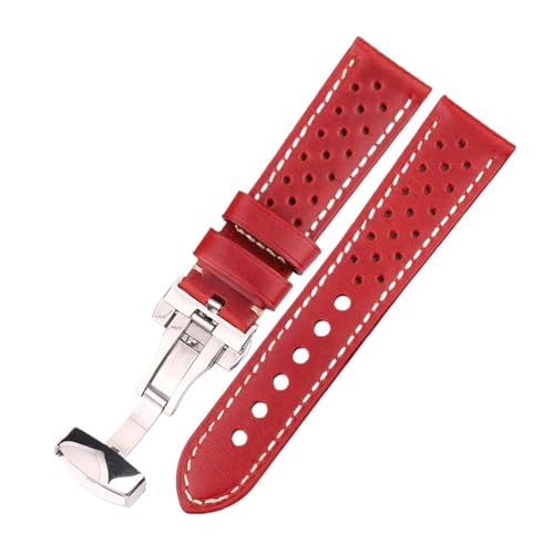 BBPLWEEA YingYou Atmungsaktives Uhrenarmband Aus Echtem Leder, Rindslederband Mit Faltschließe, 18 Mm Bis 24 Mm(Red,20mm) von BBPLWEEA