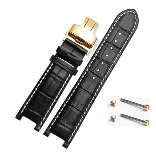 BBPLWEEA YingYou Gekerbtes Leder-Uhrenarmband, 20 X 11 Mm, 22 X 13 Mm, Kompatibel Mit GC Guess Passa, Echte Lleathe-wasserdichte Uhrenkette For Herren Und Damen(Black-white-gold,20x11mm) von BBPLWEEA