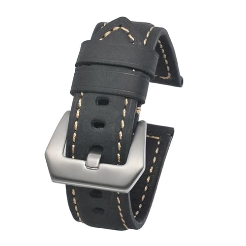 BBPLWEEA YingYou Lederarmbänder Kompatibel Mit Panerai-Uhrenzubehör, Herrenarmband, 20 Mm, 22 Mm, 24 Mm, Uhrenarmbänder, Rindsleder-Ersatzarmband(Black-Silver Buckle,24mm) von BBPLWEEA