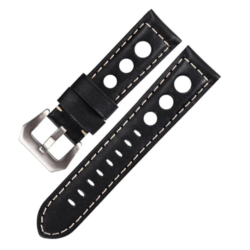 BBPLWEEA YingYou Lederarmband Armband 22mm Echtes Leder Uhrenarmband Atmungsaktiv 24mm(Black-Silver,24mm) von BBPLWEEA