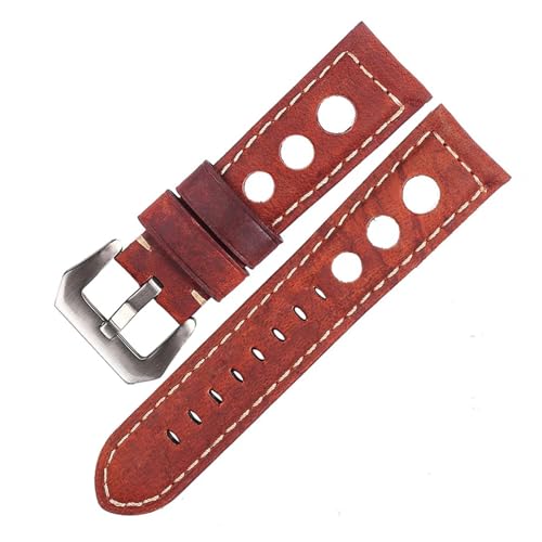 BBPLWEEA YingYou Lederarmband Armband 22mm Echtes Leder Uhrenarmband Atmungsaktiv 24mm(Brick Red-Silver,22mm) von BBPLWEEA