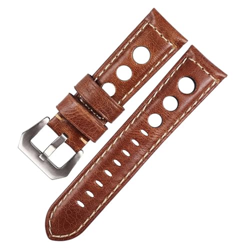 BBPLWEEA YingYou Lederarmband Armband 22mm Echtes Leder Uhrenarmband Atmungsaktiv 24mm(Brown-Silver,24mm) von BBPLWEEA