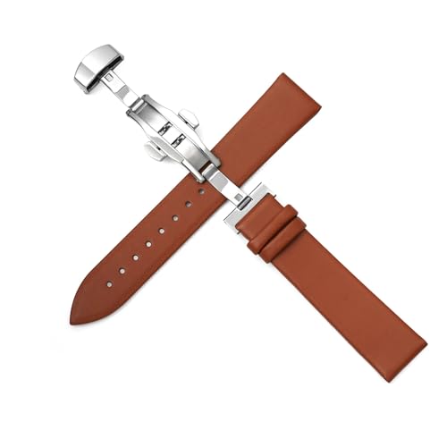 BBPLWEEA YingYou Ultradünnes Uhrenarmband Mit Nadelmuster Und Leinwandbindung, Weiches Rindslederarmband For Herren Und Damen, Armband Mit Schmetterlingsschnalle(Light Brown,Width 17mm) von BBPLWEEA