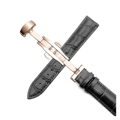 YingYou Business Casual Schwarz Braun Echtes Kalbsleder Uhrenarmband Schmetterlingsschnalle Krokodilmuster Armband 18 20 22 24 Mm(Black Rose Gold,24mm) von BBPLWEEA