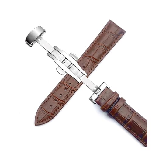 YingYou Business Casual Schwarz Braun Echtes Kalbsleder Uhrenarmband Schmetterlingsschnalle Krokodilmuster Armband 18 20 22 24 Mm(Brown Silver,19mm) von BBPLWEEA