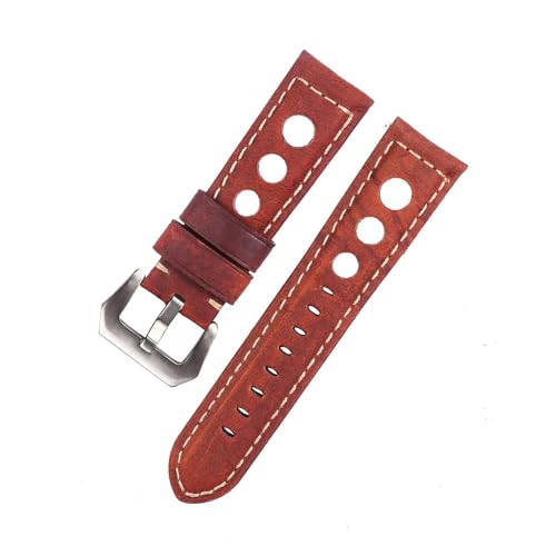 BBPLWEEA YingYou Echtes Leder Uhrenarmband Vintage Braun Schwarz 20mm 22mm 24mm Uhrengürtel For Mann Drei Löcher Atmungsaktiv Weiches Uhrenarmband Leder(Brick Red-silver,20mm) von BBPLWEEA
