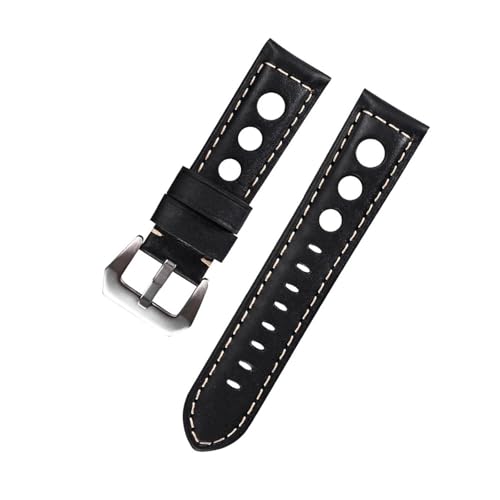 BBPLWEEA YingYou Echtes Leder Uhrenarmband Vintage Braun Schwarz 20mm 22mm 24mm Uhrengürtel For Mann Drei Löcher Atmungsaktiv Weiches Uhrenarmband Leder(Black-silver,20mm) von BBPLWEEA