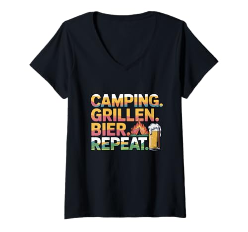 Damen Camping Grillen Bier Repeat Retro Campfire Beer T-Shirt mit V-Ausschnitt von BBQ -Bier -Lagerfeuer -Zeltwochenende im Freien