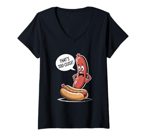 Damen Wurst Hotdog Humor Thats Too Close Grillparty Spass T-Shirt mit V-Ausschnitt Damen Wurst Hotdog Humor Thats Too Close Grillparty Spass T-Shirt mit V-Ausschnitt von BBQ Humor Wurst Hotdog Spruch Grillen Sommer