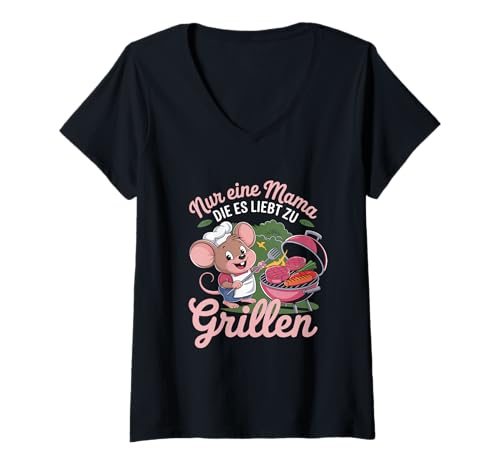 Damen Nur eine Mama die es liebt zu Grillen BBQ Mom T-Shirt mit V-Ausschnitt von BBQ Mom Grillgrill Backyard Barbecue Maus