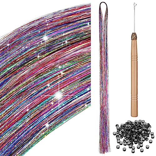 200 Haar Lametta mit Werkzeug Lametta Haarverlängerung Glitzer Haarteil zum Flechten Haarsträhne Kit für Frauen Mädchen Kinder Cosplay Party Zubehör (Bunt) von BBTO