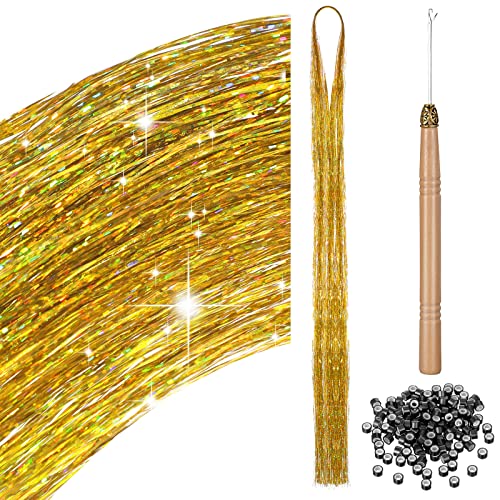 200 Haar Lametta mit Werkzeug Lametta Haarverlängerung Glitzer Haarteil zum Flechten Haarsträhne Kit für Frauen Mädchen Kinder Cosplay Party Zubehör (Gold) von BBTO