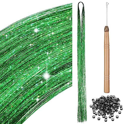 200 Haar Lametta mit Werkzeug Lametta Haarverlängerung Glitzer Haarteil zum Flechten Haarsträhne Kit für Frauen Mädchen Kinder Cosplay Party Zubehör (Grün) von BBTO