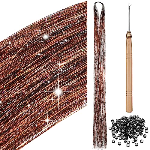 200 Haar Lametta mit Werkzeug Lametta Haarverlängerung Glitzer Haarteil zum Flechten Haarsträhne Kit für Frauen Mädchen Kinder Cosplay Party Zubehör (Kaffee) von BBTO