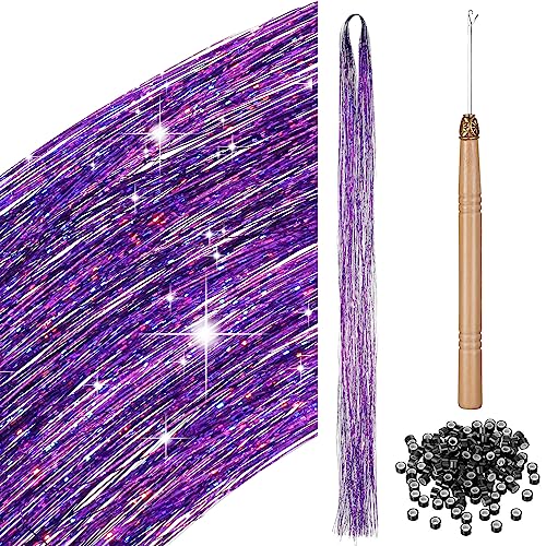 200 Haar Lametta mit Werkzeug Lametta Haarverlängerung Glitzer Haarteil zum Flechten Haarsträhne Kit für Frauen Mädchen Kinder Cosplay Party Zubehör (Lila) von BBTO