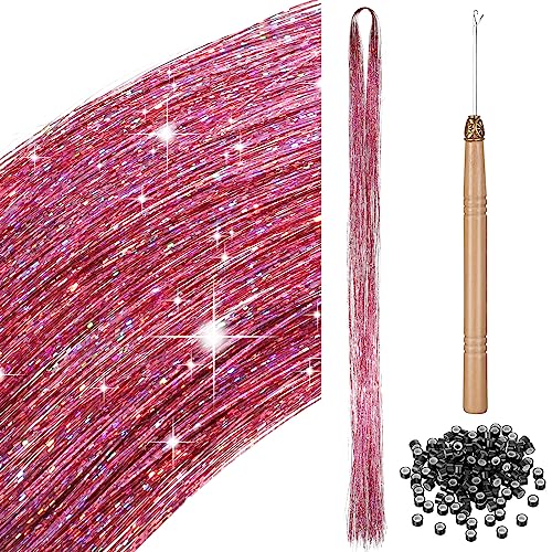 200 Haar Lametta mit Werkzeug Lametta Haarverlängerung Glitzer Haarteil zum Flechten Haarsträhne Kit für Frauen Mädchen Kinder Cosplay Party Zubehör (Rosa) von BBTO