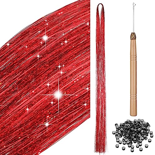 200 Haar Lametta mit Werkzeug Lametta Haarverlängerung Glitzer Haarteil zum Flechten Haarsträhne Kit für Frauen Mädchen Kinder Cosplay Party Zubehör (Rot) von BBTO