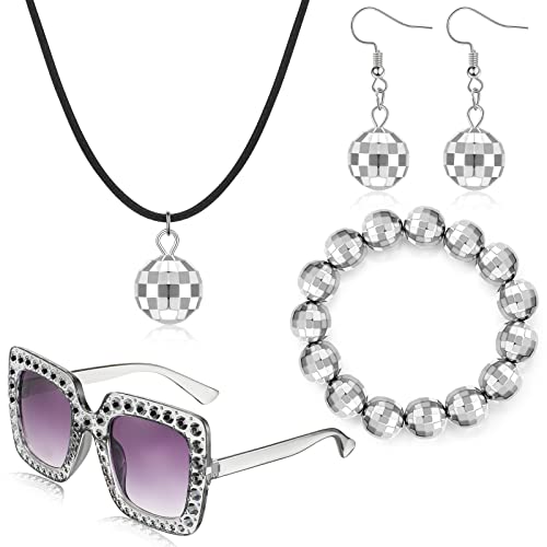 4 Stück Discokugel Spiegelkugel Schmuck Set Ohrringe Halskette Armband und Strass Sonnenbrille Bling Partybrille für Party Karneval 1970er Kostüm Zubehör für Damen Herren, Einheitsgröße von BBTO