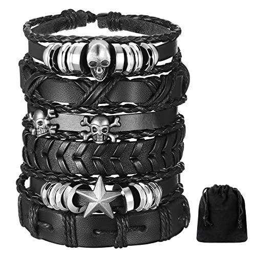 BBTO 6 Stück Schwarz Geflochten Lederarmband für Männer Punk Schädel Armband Handgelenk Rock Armreif Verstellbar Totenkopf Armband Schmuck für Männer Frauen von BBTO